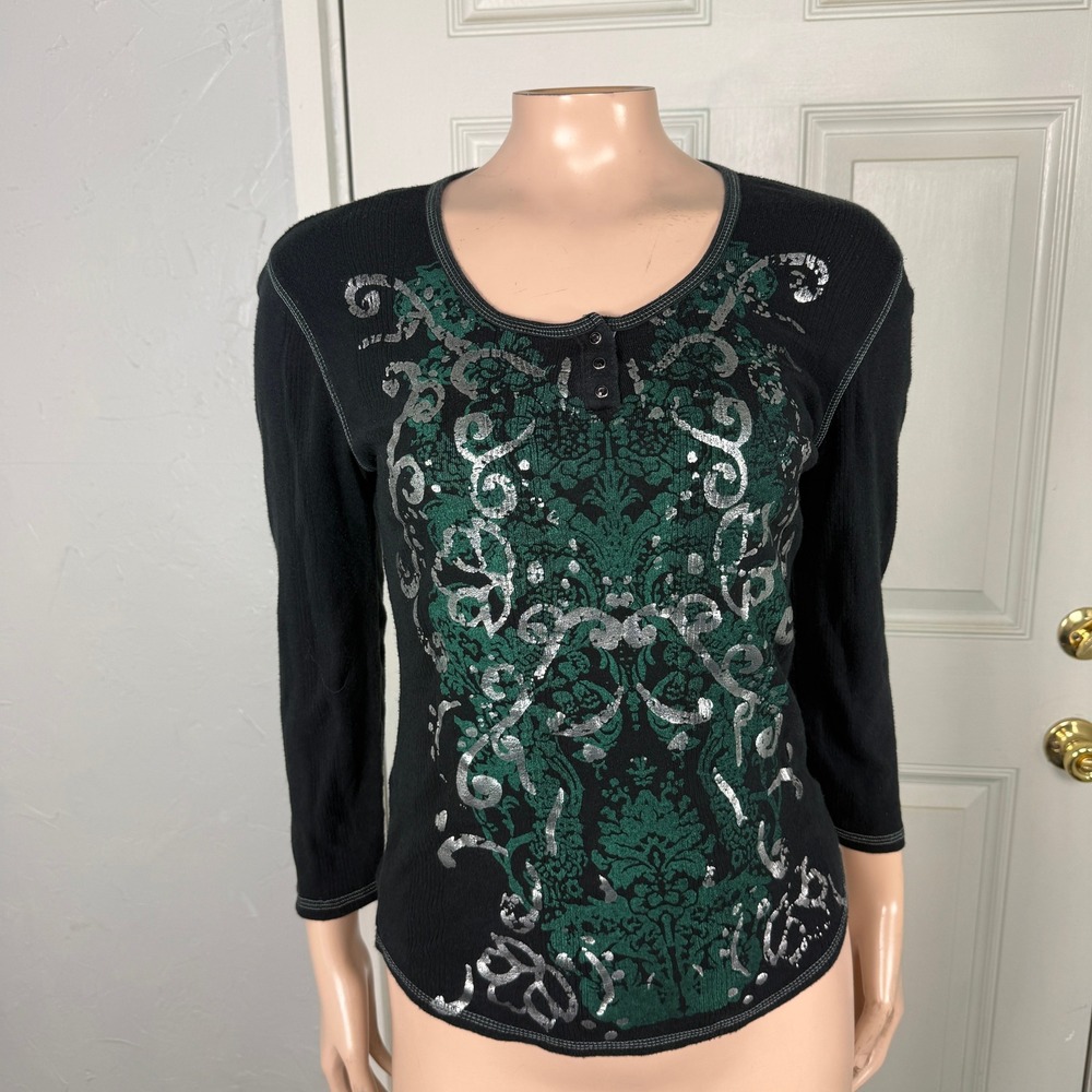 Vintage Y2K DKNY Jeans Shirt Small Cotton Knit 3/4 sleeve Printed Henley GG13
